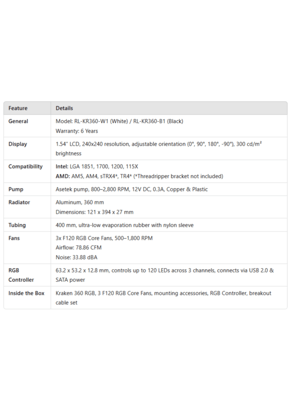 NZXT Kraken 360 RGB CPU Liquid Cooler White - Image 5